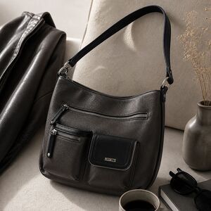 Black Faux Leather Hobo Shoulder Bag Multi Pocket Everyday Purse Rosetti